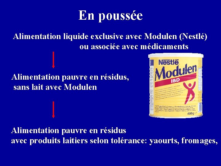 En poussée Alimentation liquide exclusive avec Modulen (Nestlé) ou associée avec médicaments Alimentation pauvre