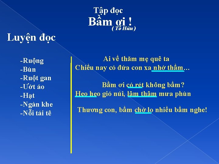 Tập đọc Luyện đọc -Ruộng -Bùn -Ruột gan -Ướt áo -Hạt -Ngàn khe -Nỗi