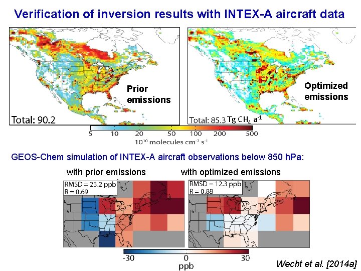 Verification of inversion results with INTEX-A aircraft data Optimized emissions Prior emissions Tg CH