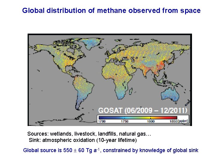 Global distribution of methane observed from space Sources: wetlands, livestock, landfills, natural gas… Sink: