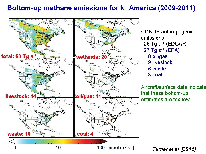 Bottom-up methane emissions for N. America (2009 -2011) total: 63 Tg a-1 livestock: 14
