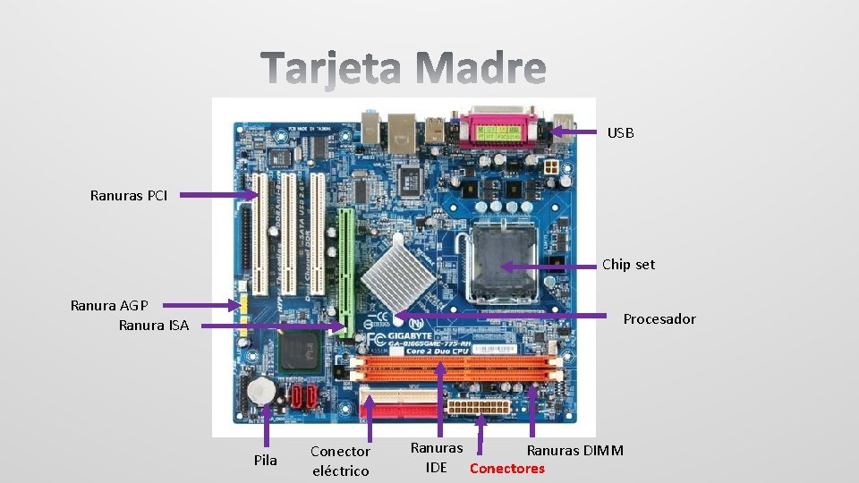 USB Ranuras PCI Chip set Ranura AGP Ranura ISA Procesador Pila Conector eléctrico Ranuras