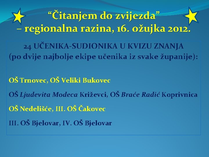  “Čitanjem do zvijezda” – regionalna razina, 16. ožujka 2012. 24 UČENIKA-SUDIONIKA U KVIZU