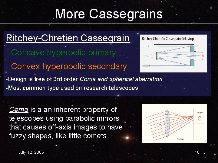 More Cassegrains Ritchey-Chretien Cassegrain Concave hyperbolic primary Convex hyperobolic secondary -Design is free of