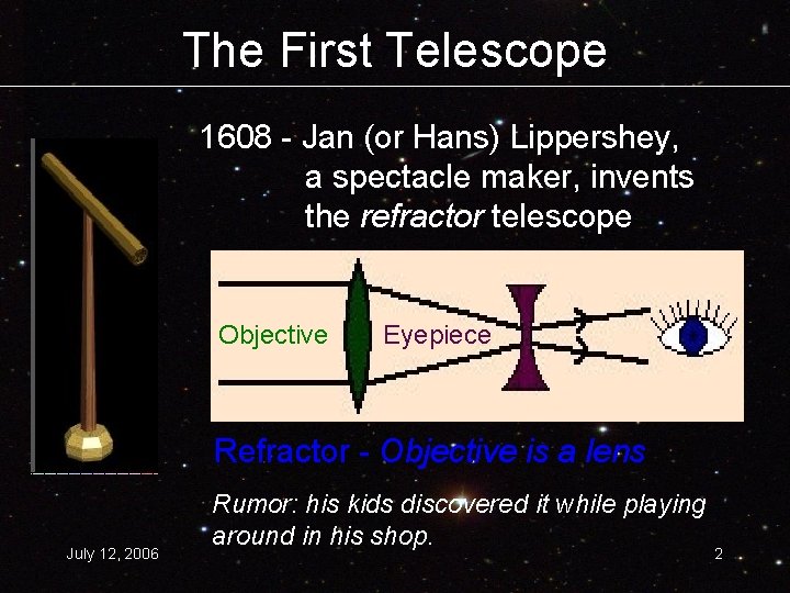 The First Telescope 1608 - Jan (or Hans) Lippershey, a spectacle maker, invents the