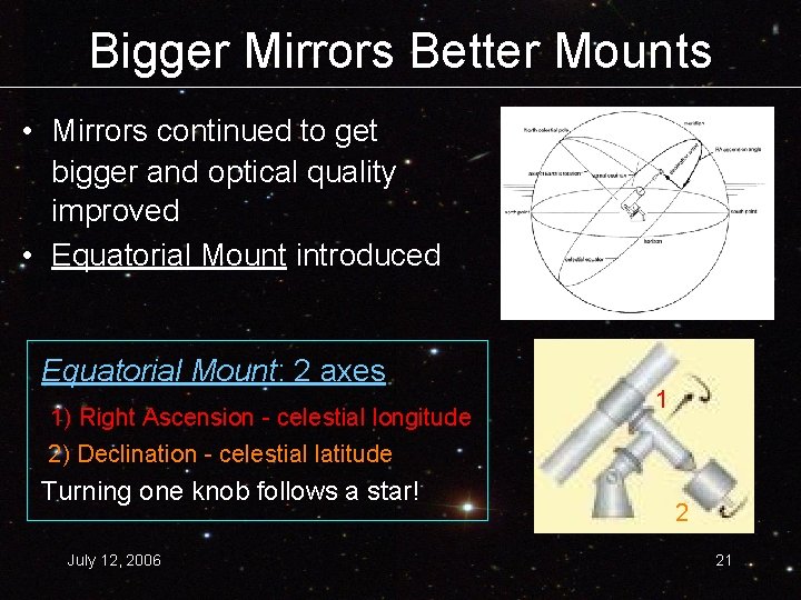 Bigger Mirrors Better Mounts • Mirrors continued to get bigger and optical quality improved