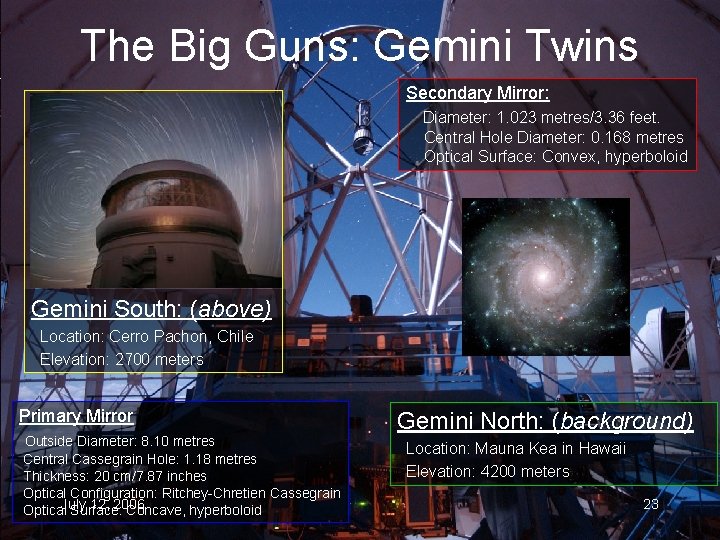 The Big Guns: Gemini Twins Secondary Mirror: Diameter: 1. 023 metres/3. 36 feet. Central