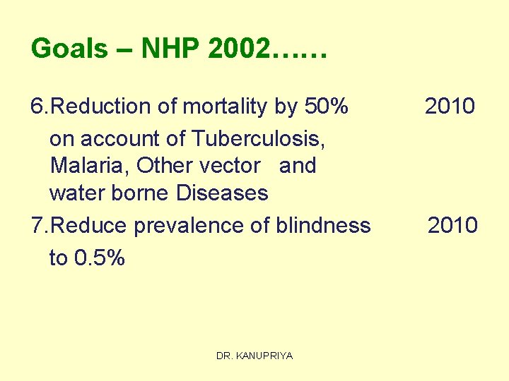 Goals – NHP 2002…… 6. Reduction of mortality by 50% on account of Tuberculosis,