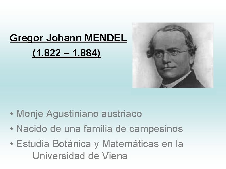 Gregor Johann MENDEL (1. 822 – 1. 884) • Monje Agustiniano austriaco • Nacido