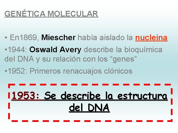 GENÉTICA MOLECULAR • En 1869, Miescher había aislado la nucleina • 1944: Oswald Avery