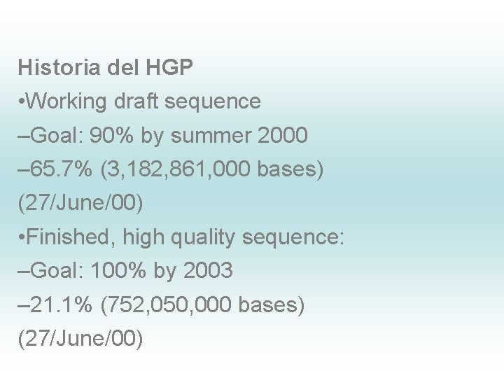 Historia del HGP • Working draft sequence –Goal: 90% by summer 2000 – 65.