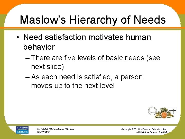 Maslow’s Hierarchy of Needs • Need satisfaction motivates human behavior – There are five