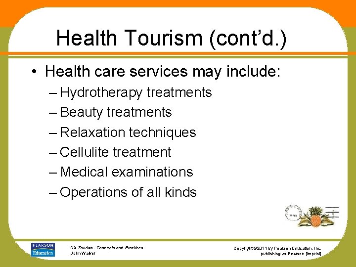 Health Tourism (cont’d. ) • Health care services may include: – Hydrotherapy treatments –