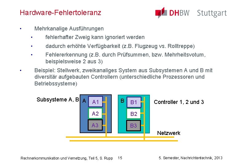 Hardware-Fehlertoleranz • • Mehrkanalige Ausführungen • fehlerhafter Zweig kann ignoriert werden • dadurch erhöhte
