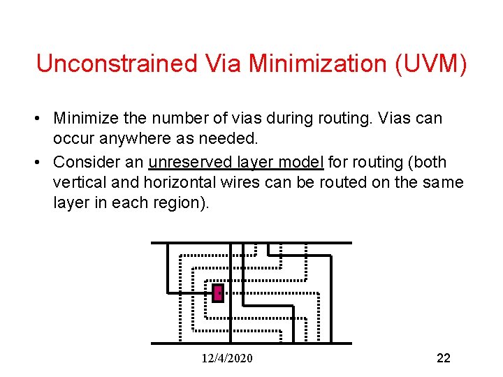 Unconstrained Via Minimization (UVM) • Minimize the number of vias during routing. Vias can
