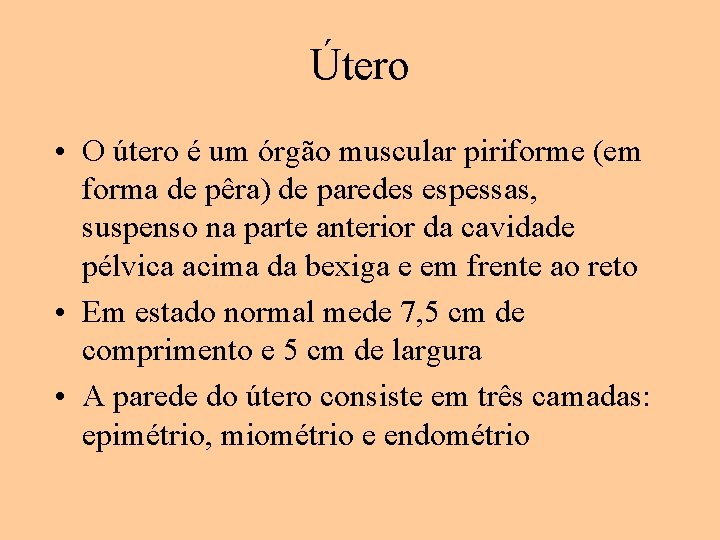 Útero • O útero é um órgão muscular piriforme (em forma de pêra) de