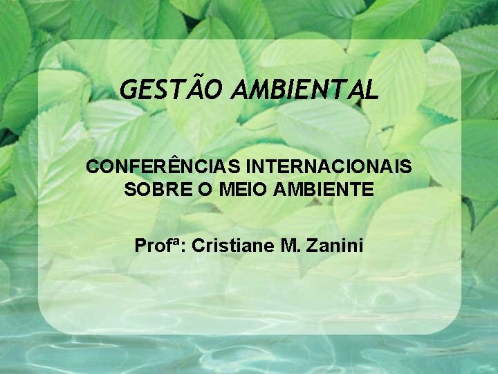 GESTÃO AMBIENTAL CONFERÊNCIAS INTERNACIONAIS SOBRE O MEIO AMBIENTE Profª: Cristiane M. Zanini 