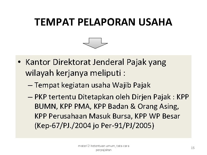TEMPAT PELAPORAN USAHA • Kantor Direktorat Jenderal Pajak yang wilayah kerjanya meliputi : –