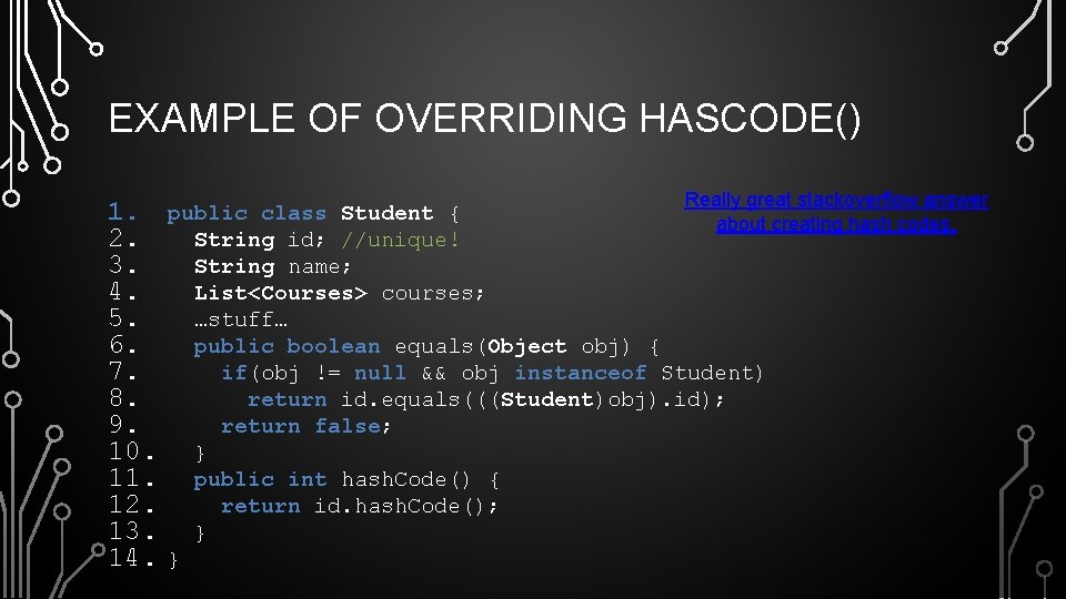 EXAMPLE OF OVERRIDING HASCODE() 1. 2. 3. 4. 5. 6. 7. 8. 9. 10.