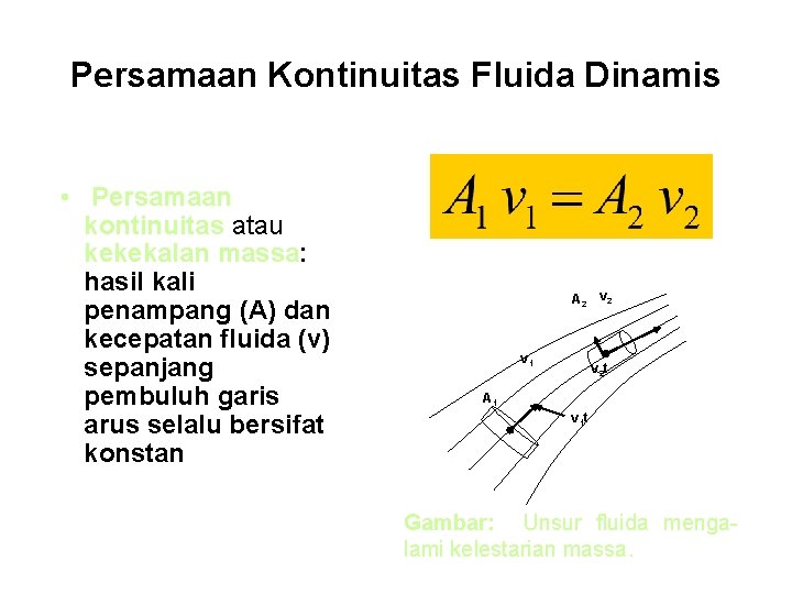 Persamaan Kontinuitas Fluida Dinamis • Persamaan kontinuitas atau kekekalan massa: hasil kali penampang (A)