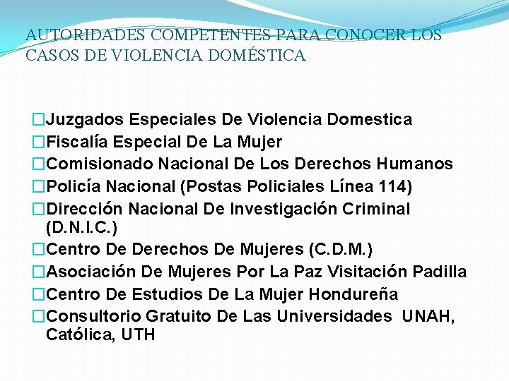 AUTORIDADES COMPETENTES PARA CONOCER LOS CASOS DE VIOLENCIA DOMÉSTICA �Juzgados Especiales De Violencia Domestica