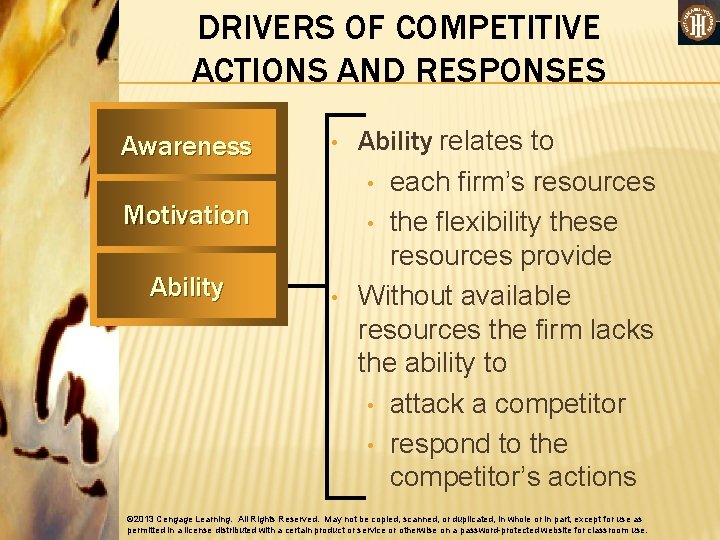 DRIVERS OF COMPETITIVE ACTIONS AND RESPONSES Awareness • Motivation Ability • Ability relates to