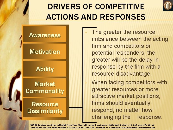 DRIVERS OF COMPETITIVE ACTIONS AND RESPONSES Awareness • Motivation Ability Market Commonality Resource Dissimilarity