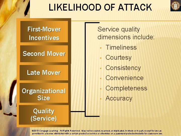 LIKELIHOOD OF ATTACK First-Mover Incentives Second Mover Late Mover Organizational Size Service quality dimensions