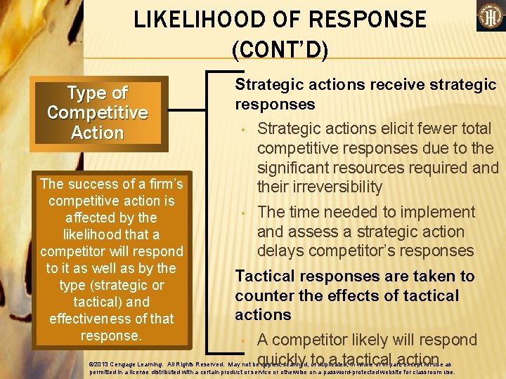 LIKELIHOOD OF RESPONSE (CONT’D) Type of Competitive Action The success of a firm’s competitive