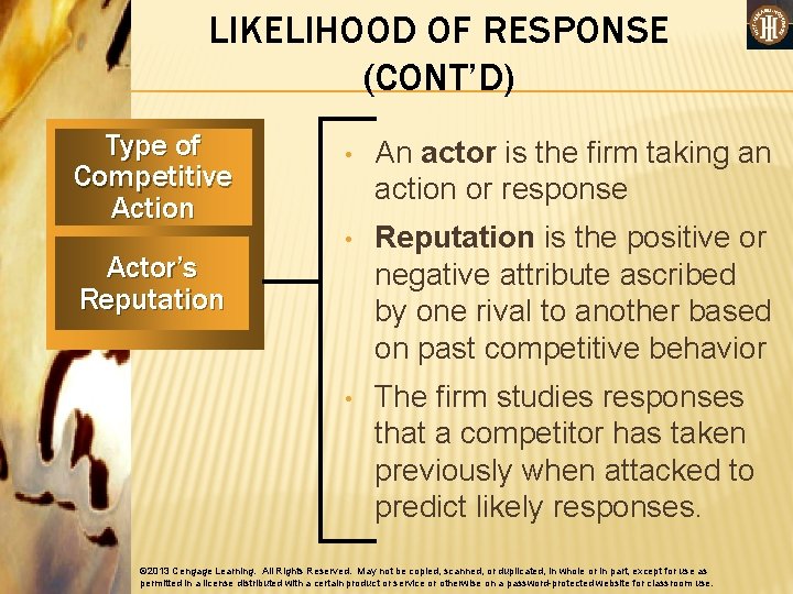 LIKELIHOOD OF RESPONSE (CONT’D) Type of Competitive Action Actor’s Reputation • An actor is