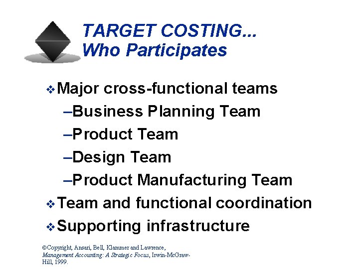 TARGET COSTING. . . Who Participates v. Major cross-functional teams –Business Planning Team –Product