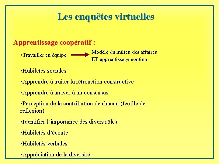 Les enquêtes virtuelles Apprentissage coopératif : • Travailler en équipe Modèle du milieu des