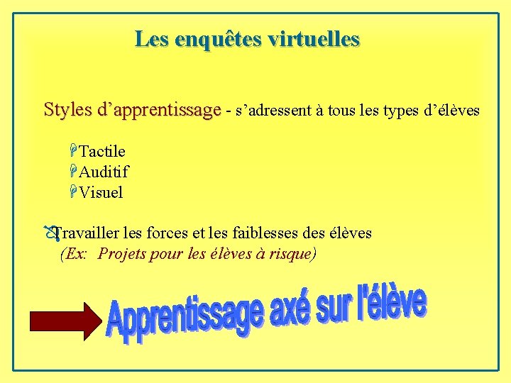 Les enquêtes virtuelles Styles d’apprentissage - s’adressent à tous les types d’élèves HTactile HAuditif