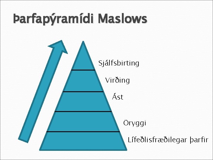 Þarfapýramídi Maslows Sjálfsbirting Virðing Ást Öryggi Lífeðlisfræðilegar þarfir 