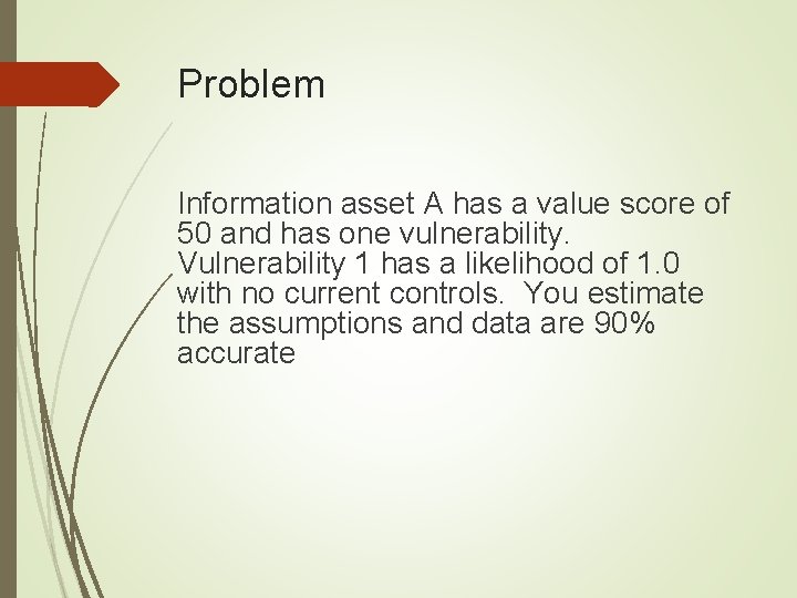Problem Information asset A has a value score of 50 and has one vulnerability.