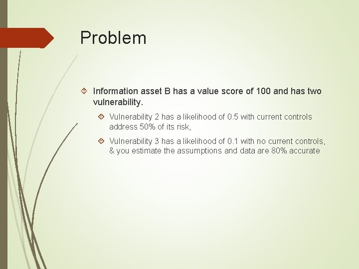 Problem Information asset B has a value score of 100 and has two vulnerability.