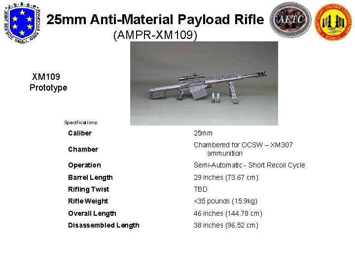 25 mm Anti-Material Payload Rifle (AMPR-XM 109) XM 109 Prototype Specifications Caliber 25 mm
