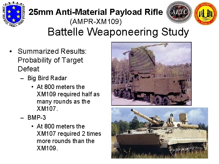 25 mm Anti-Material Payload Rifle (AMPR-XM 109) Battelle Weaponeering Study • Summarized Results: Probability