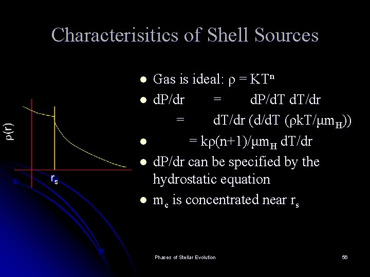 Characterisitics of Shell Sources l l l Gas is ideal: ρ = KTn d.