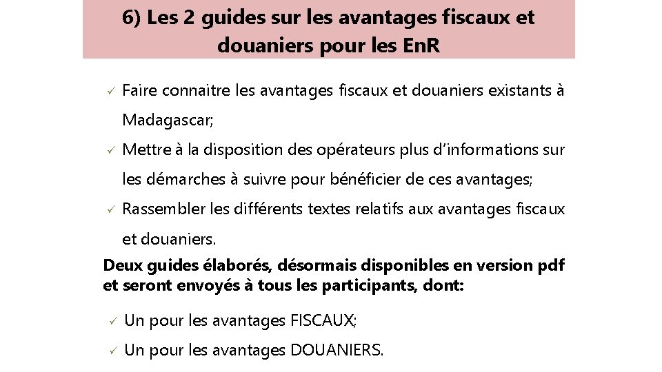 6) Les 2 guides sur les avantages fiscaux et douaniers pour les En. R