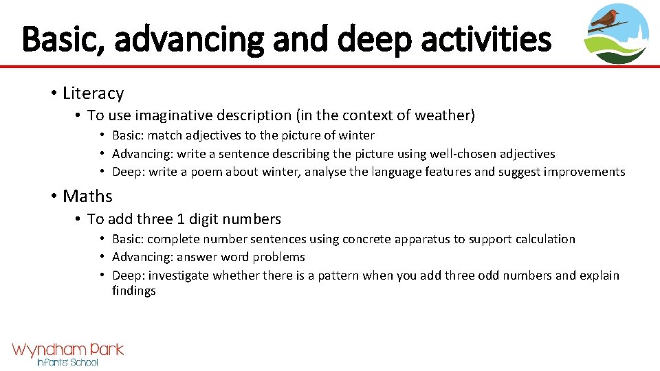 Basic, advancing and deep activities • Literacy • To use imaginative description (in the