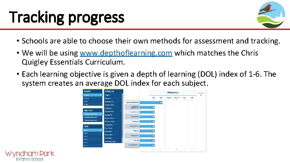 Tracking progress • Schools are able to choose their own methods for assessment and