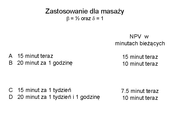 Zastosowanie dla masaży b = ½ oraz d = 1 NPV w minutach bieżących