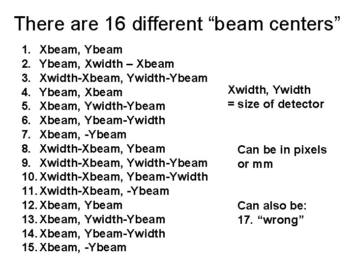 There are 16 different “beam centers” 1. Xbeam, Ybeam 2. Ybeam, Xwidth – Xbeam