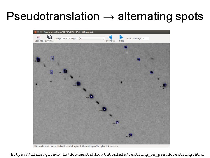 Pseudotranslation → alternating spots https: //dials. github. io/documentation/tutorials/centring_vs_pseudocentring. html 