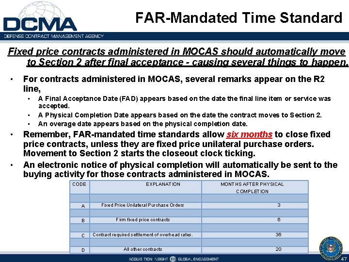 FAR-Mandated Time Standard Fixed price contracts administered in MOCAS should automatically move to Section