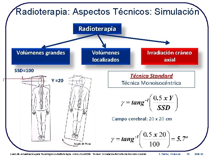 Radioterapia: Aspectos Técnicos: Simulación Radioterapia Volúmenes grandes SSD=100 Y =20 Volúmenes localizados Irradiación cráneo