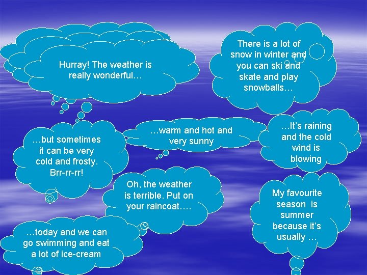 The weather is… The weather Hurray! The is… weather is really wonderful… …but sometimes The weather is… The weather Hurray! The is… weather is really wonderful… …but sometimes