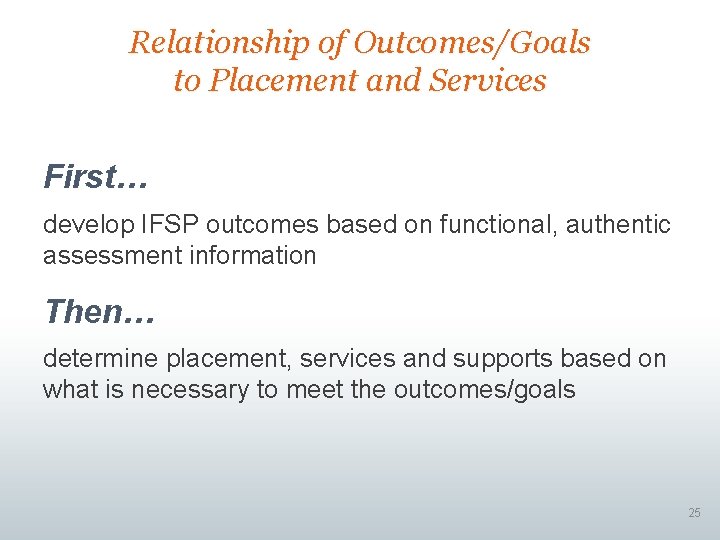 Relationship of Outcomes/Goals to Placement and Services First… develop IFSP outcomes based on functional,