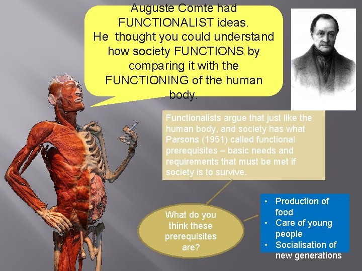 Auguste Comte had FUNCTIONALIST ideas. He thought you could understand how society FUNCTIONS by